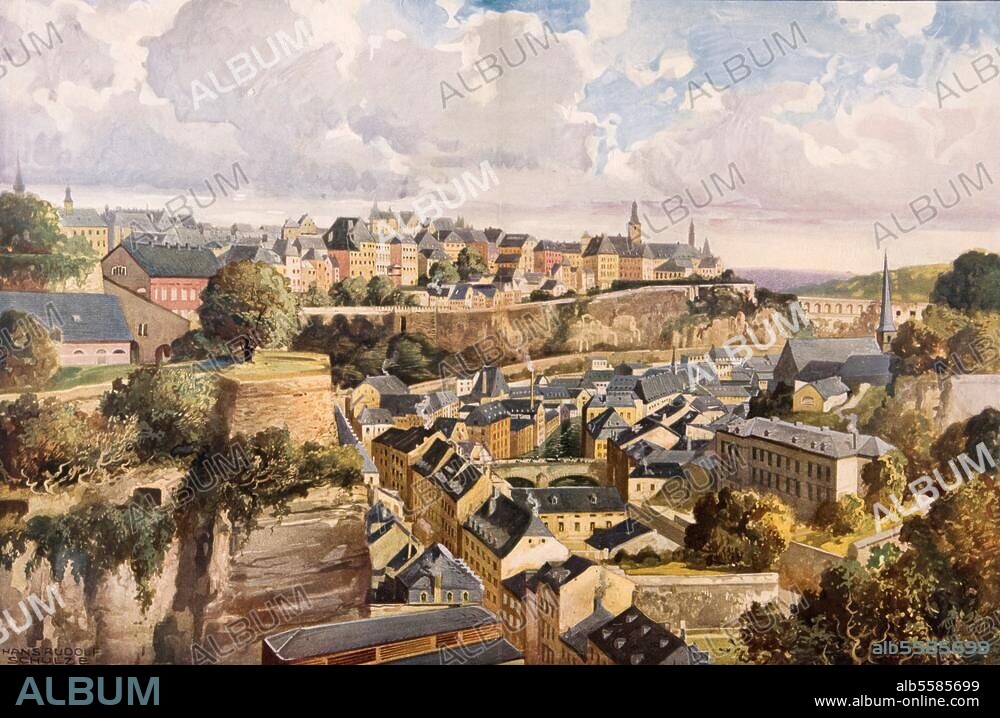 Luxembourg, (capital and residential seat of the grand duchy of Luxembourg). "View of Luxembourg". Colour print after painting, c. 1910 by Hans Rudolf Schulze.