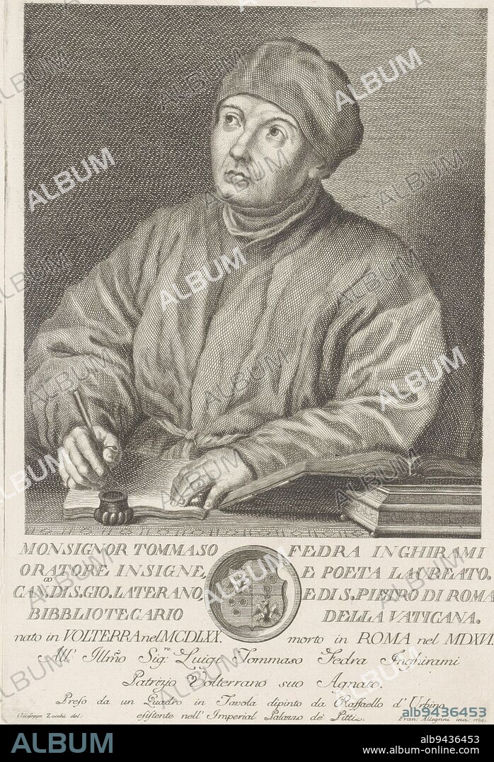 Portrait of Tommaso Inghirami, seated behind a table In his right hand a pen with which he is writing in a book Below the portrait a text in Italian and a coat of arms in a circular frame, Portrait of Tommaso Inghirami Portraits of famous Italians with coat of arms in lower margin , print maker: Francesco Allegrini, (mentioned on object), intermediary draughtsman: Giuseppe Zocchi, (mentioned on object), after: Rafaël, (mentioned on object), print maker: Italy, intermediary draughtsman: Italy, after: Rome, 1763, paper, engraving, h 295 mm × w 199 mm.