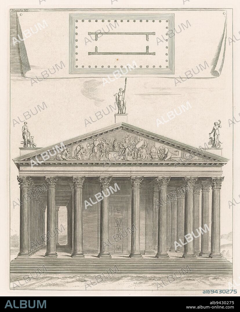 Temple of Diana, Plan and front of the temple of Diana. The temple is a pseudodipteros with Corinthian columns. Above the pediment a sculpture of Diana flanked by two women with hunting horns and hunting dogs. Planche XII., print maker: Nicolas Pitau (I), (mentioned on object), publisher: Jean-Baptiste Coignard (I), Paris, in or before 1673, paper, engraving, height 297 mm × width 235 mm.