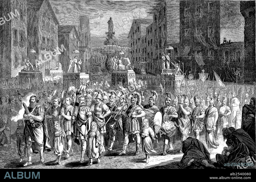 Procesión de Semana Santa en España. Jueves Santo en Barcelona. Grabado alemán de 1868.
