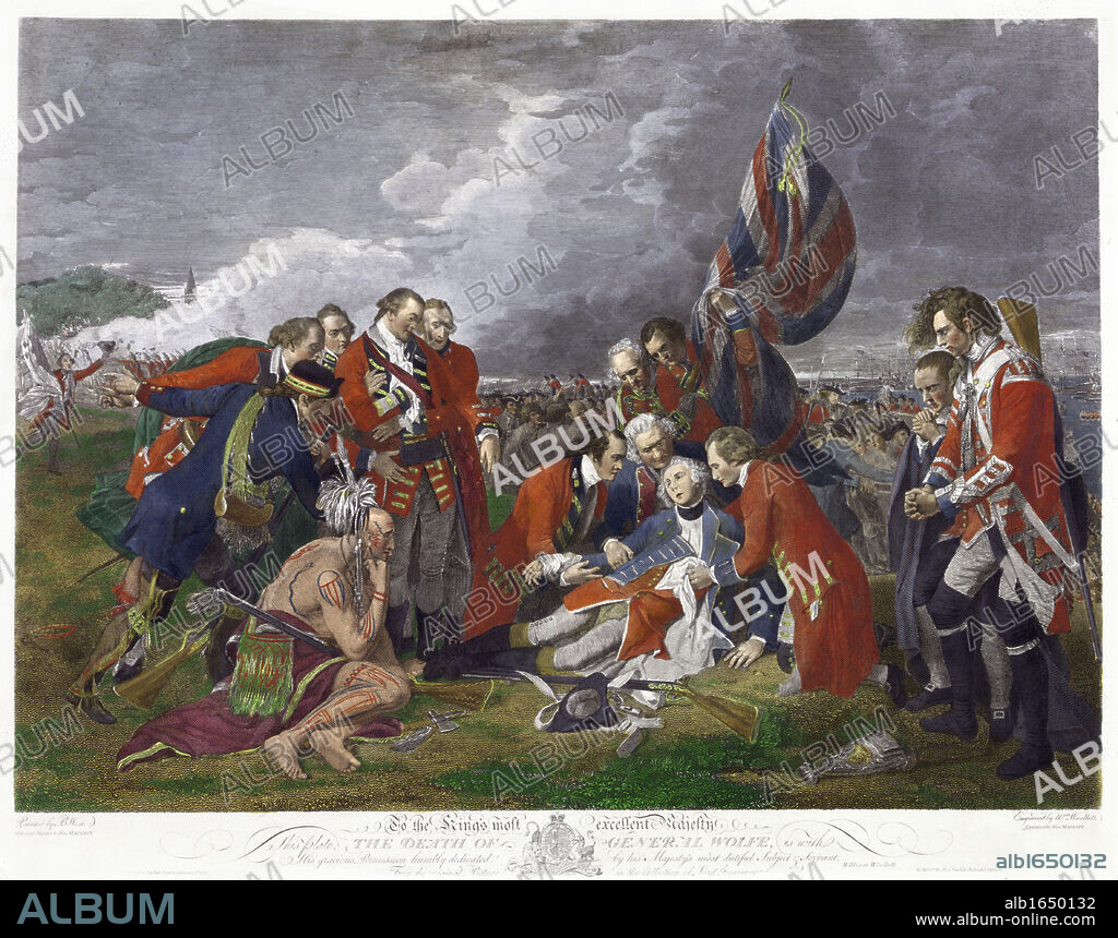 Death of General Wolfe' after painting by Benjamin West. James Wolfe (1727-1759) British Army commander, mortally wounded at victory over French at Battle of Plains of Abraham, Quebec. Seven Years War Canada France.