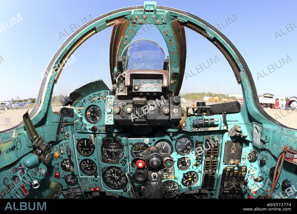 Cockpit of a MiG-27 attack airplane during MAKS-2015 airshow, Zhukovsky, Russia.