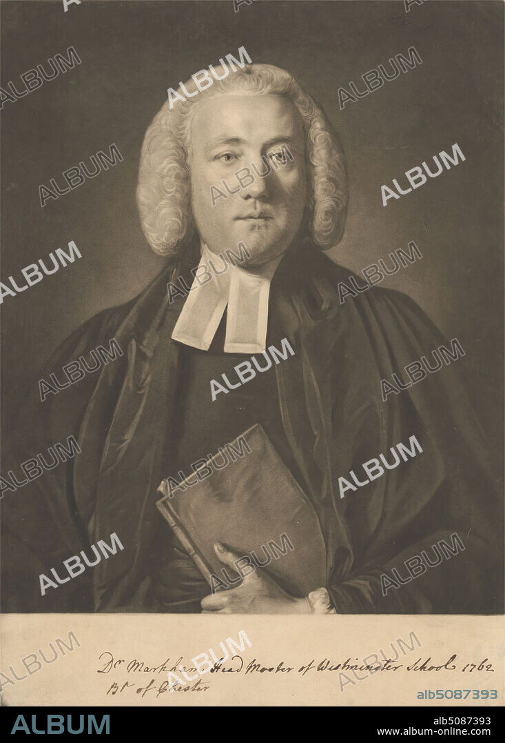 Dr. William Markham, Head Master of Westminster School, Bishop of Chester, Edward Fisher, 17221785, British, after Sir Joshua Reynolds RA, 17231792, British, 1762, Mezzotint on moderately thick, slightly textured, beige laid paper, Sheet: 12 15/16 × 9 5/16 inches (32.9 × 23.7 cm) and Image: 11 1/4 × 9 1/4 inches (28.5 × 23.5 cm), archbishop, bishop (prelate), books, clergy, cloak, collar, headmaster, holding, portrait, posing, robe, school, solemn, wig.