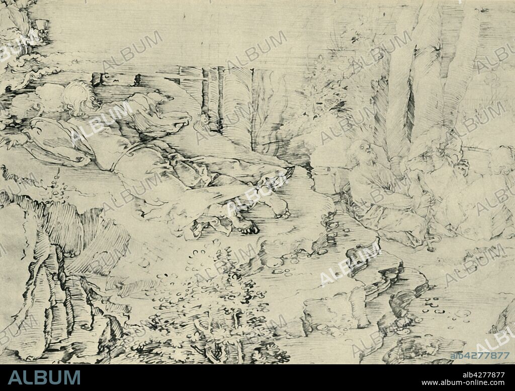 ALBERTO DURERO. 'Agony in the Garden', 1521, (1943). Christ in the Garden of Gethsemane the night before his crucifixion. He lies prostrate with arms outstretched, in a premonition of his death, while his disciples, whom he had requested to keep watch with him, sleep under a tree. Drawing in the Städel Museum, Frankfurt, Germany. From "Europäische Handzeichnungen", (Five Hundred Years of European Drawings), by Bernhard Degenhart. [Atlantis-Verlag Berlin, Zürich, 1943].