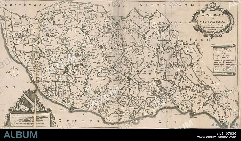 Map of the quarter of Westergo, Westergoa olim westrachia (title on object), Bottom left the coat of arms of Westergo and three scale poles: Milliare Germanicum commune quorum 15 uni gradui respondent / A gemeene Duytsche myle of 15 in a graedt, Milliare Belgicum sive hora itineris / A Nederlandtsche myle ofte uyre gaens, 1500 perticae regales. Top right title cartouche, below legend., print maker: Jacob van Meurs, (possibly), Bernardus Schotanus à Sterringa, (mentioned on object), Sjoerd Aetesz. Haacma, (mentioned on object), print maker: Amsterdam, Friesland, Friesland, Friesland, 1664, paper, engraving, height 277 mm × width 519 mm.