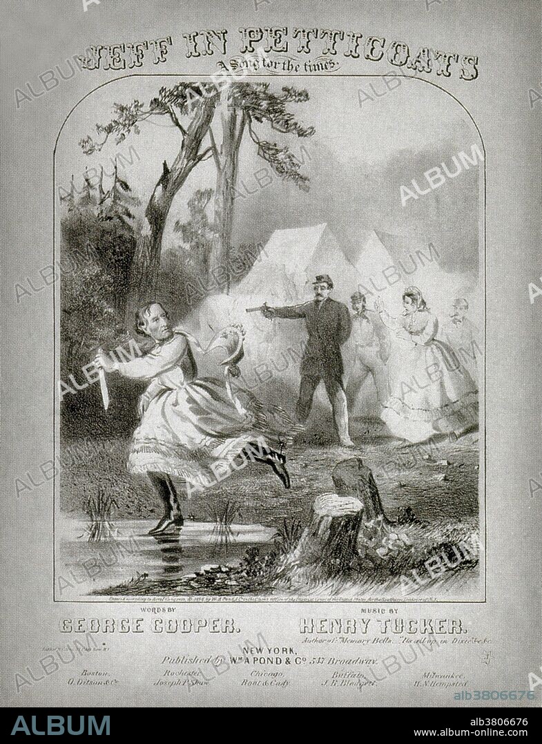 A cartoon and satire of the fleeing of Jefferson Davis due to the fall of Richmond to the Union on May 10, 1865. Near Irwinsville, Georgia, Federal cavalrymen apprehended Jefferson after he emerged from his tent wearing his wife's shawl because of the chilled morning air. Rumor spread that he attempted to flee wearing his wife's clothing. The story was featured in cartoons and popular songs.