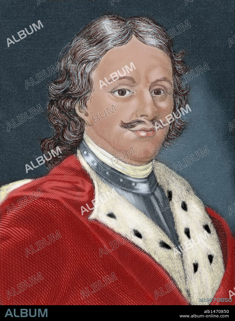 PEDRO I Alexeievitch el Grande (Moscú, 1672-San Petesburgo, 1725). Zar de Rusia (1682-1725). Creador de la moderna Rusia a la que convirtió en potencia europea. Grabado coloreado del siglo XIX.