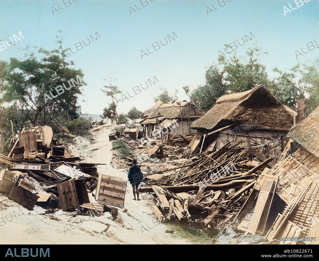 [ 1890s Japan - Nobi Earthquake Destruction ] Devastation in Ichinomiya () in Aichi Prefecture caused by the Nobi Earthquake (, Nobi Jishin) of October 28, 1891 (Meiji 24). Debris is piled up along a cracked road. The Nobi Earthquake measured between 8.0 and 8.4 on the scale of Richter and caused 7,273 deaths, 17,175 casualties and the destruction of 142,177 homes. It is the largest recorded quake in inland Japan. It jumpstarted the study of seismology in Japan and proved that earthquakes are caused by fault lines. 19th century vintage albumen photograph.
