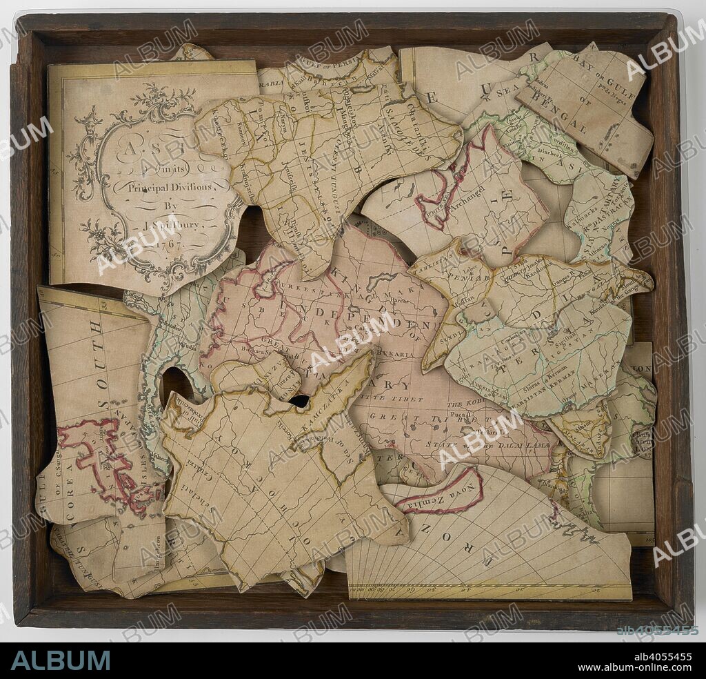 JOHN SPILSBURY. A map of Asia in the form of a jigsaw puzzle. Asia in its principal divisions by J.Spilsbury. London : Spilsbury, engraver, map & print seller in Russel Court Covent Garden, 1767. From a set of four jigsaw puzzles of the four continents, believed to be the first purpose made jigsaw puzzles.   Map pasted onto board and dissected along country boundaries to make an educational jigsaw puzzle.   In 37 pieces.  1 map : hand col ; 44 x 47 cm. + in wooden box.; Scale indeterminable. Source: Maps.188.v.13.
