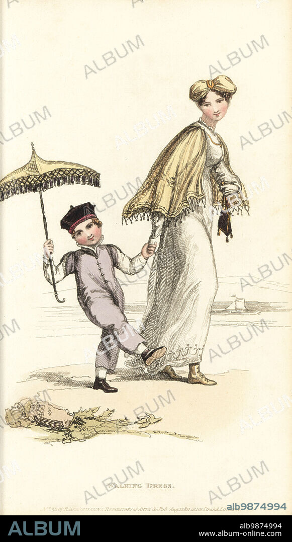 Regency woman and child walking on a beach, 1811. Walking dress with Vandyke lace cuffs and Tuscan border, short capuchin cloak of buff sarsnet with Chinese silk fringe. Moorish turban, purple ridicule bag, parasol. Child in short-sleeved Spanish onesie, Indian dimity waistcoat, purple velvet college cap. Plate 10, August 1 1811. Handcoloured copperplate engraving by Thomas Uwins from Rudolph Ackermann's Repository of Arts, London.