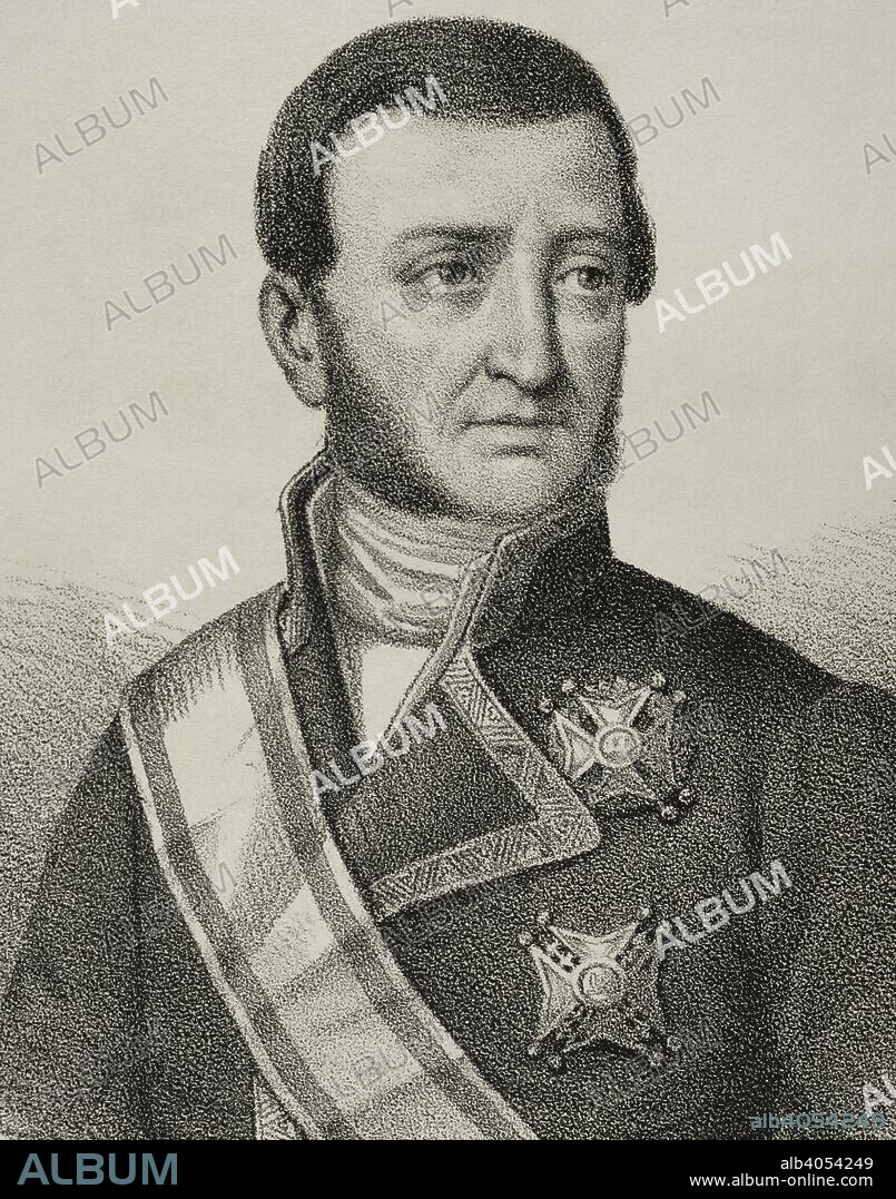 Cayetano Valdés (1767-1835). Millitar y marino español, 17º Capitán general de la Real Armada. Combatiente en la Guerra de la Independencia y en las Guerras Napoleónicas. Ministro de Guerra durante el reinado de Fernando VII. Dibujo por Llanta. Retrato, detalle. Litografía. Crónica General de España, Historia Ilustrada y Descriptiva de sus Provincias. Andalucía, 1867. Biblioteca Histórico Militar de Barcelona, Cataluña, España.