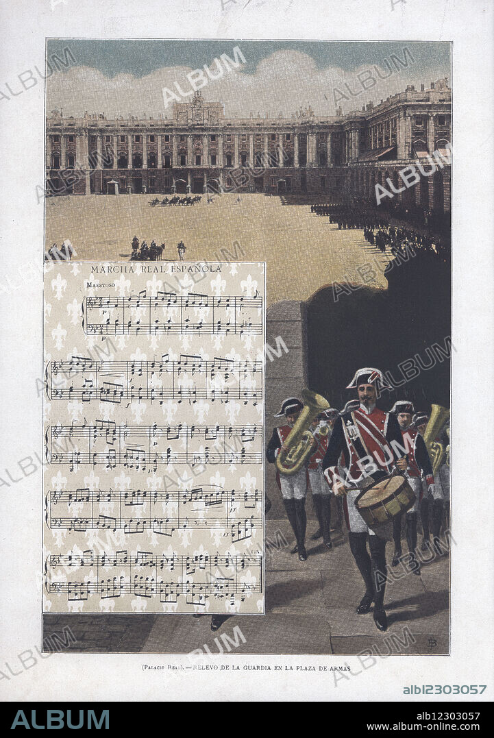 Partitura musical "Marcha Real Española". Editada por Album Salon, Barcelona. Año 1905.