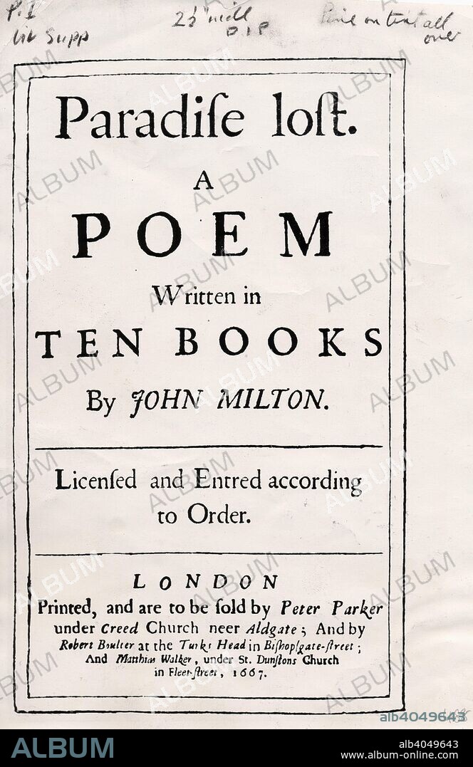 Cover of the 1st edition of the poem 'Paradise Lost', by John Milton, 1661.