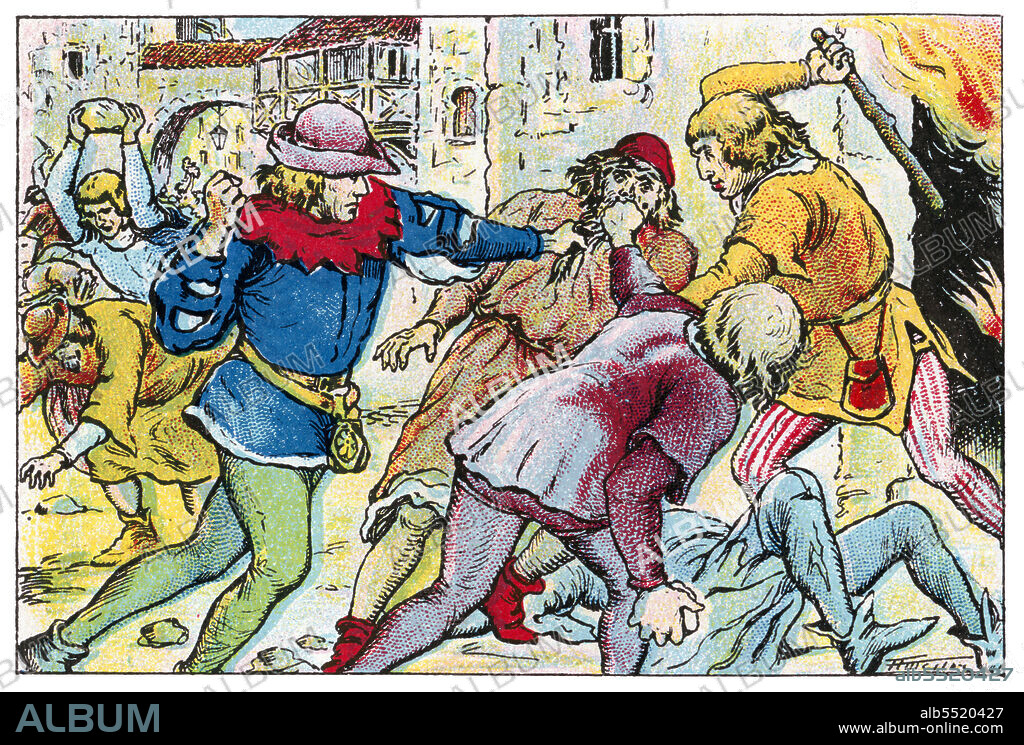 ALBERT MESTRE MORAGAS. Historia de Catalunya. Levantamiento popular dirigido contra los judíos que tuvo como consecuencia el asalto y la destrucción del Call de Barcelona en 1391. Cromo de Xacolata Juncosa. Año 1932.