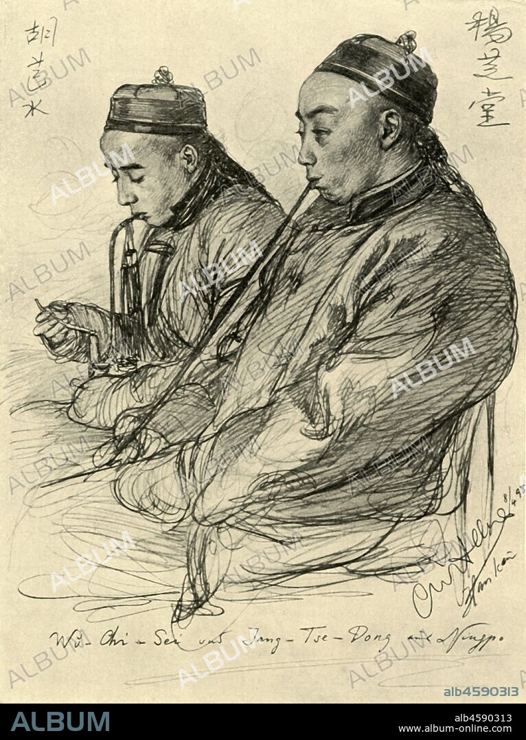 CHRISTIAN WILHELM ALLERS. Wu-Chi-Sei and Jang-Tse-Dong from Ningpo, 1898. Portrait of two Chinese men smoking. 'Wu-Chi-Sei und Jang-Tse-Dong aus Ningpo'. From "Rund um die Erde" [Round the Earth], written and illustrated by C. W. Allers. [Union Deutsche Verlagsgesellschaft, Stuttgart, 1898].