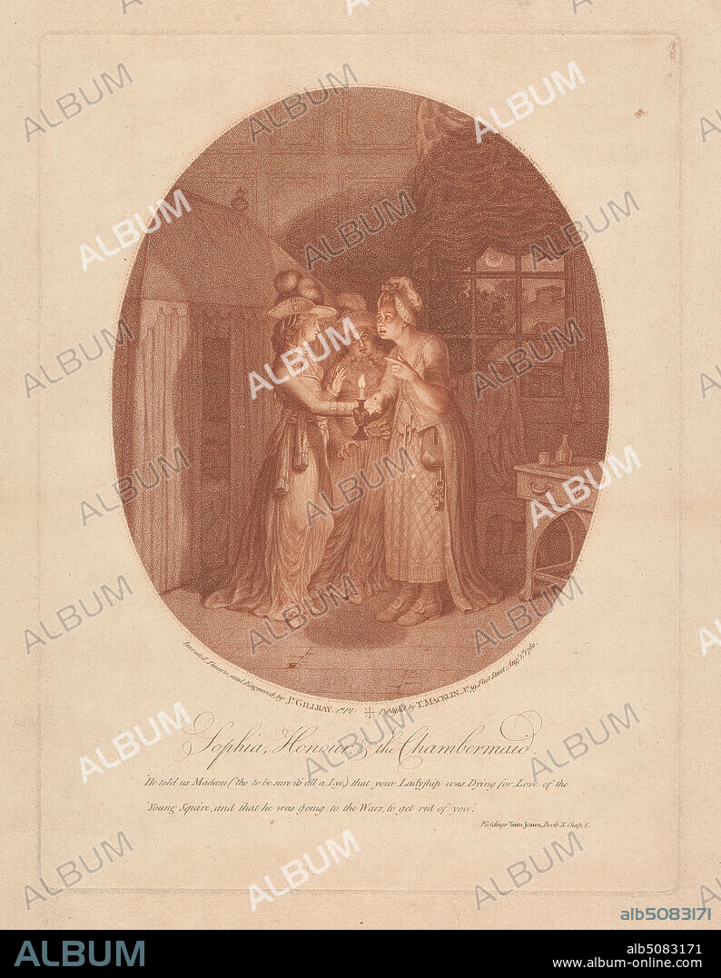 Sophia, Honour, and the Chambermaid, James Gillray, 17571815, British, Published by Thomas Macklin, active 17791793, British, 1780, Stipple engraving on moderately thick, slightly textured, beige laid paper, Sheet: 15 5/8 x 10 7/8 inches (39.7 x 27.7 cm), Plate: 11 5/16 x 8 7/16 inches (28.8 x 21.4 cm), and Image: 8 1/8 x 6 9/16 inches (20.7 x 16.7 cm), bed, bedroom, book, candle, candlestick, dressing table, hats, illustration, lady, literary theme, maid, moon, night, novel, servants, The History of Tom Jones, a Foundling, women.