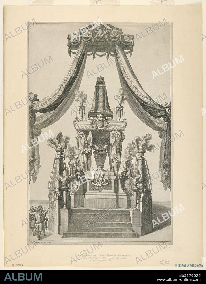 Catafalque of Maria-Theresa of Austria, Notre Dame, Paris, Jean Bérain, the Elder, French, 1640 - 1711, Daniel Marot, French, active in the Netherlands and England, 16611752, Engraving in black ink on paper, Vertical rectangle. The catafalque is shown supported by mourning figures standing on a high platform. Ermine-trimmed curtains are supported by a balduchin. A group of figures stand at the left. Below, artists' names., France, September 4, 1683, Print, Print.