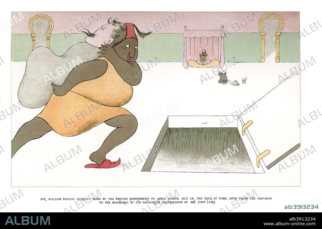 Sir William Watson (1858-1935), English poet, 1904. Watson was popular in his time for the political content of his verse, hence this caricature, the inscription of which reads: William Watson, secretly ceded by the British government to Abdul Hamid. But, in the nick of time saved from the trap door. From The Poets Corner by Max Beerbohm (London, 1904).