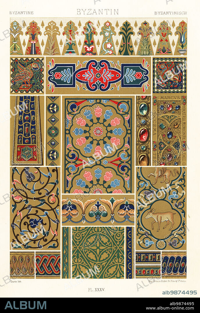 Byzantine art: mosaics, filigree enamels and embroidery. Mosaics from the Ziza Chapel, Palermo 1-7, cloisonne and filigree enamel settings for precious stones in a manuscipt Gospels 8-11, and embroidered fabrics with gems from a monastery near Trebizonde 12-19. Byzantin. Hand-finished chromolithograph by F. Durin from Albert-Charles-Auguste Racinets LOrnement Polychrome, (Polychromatic Ornament), Firmin-Didot, Paris, 1869-73.