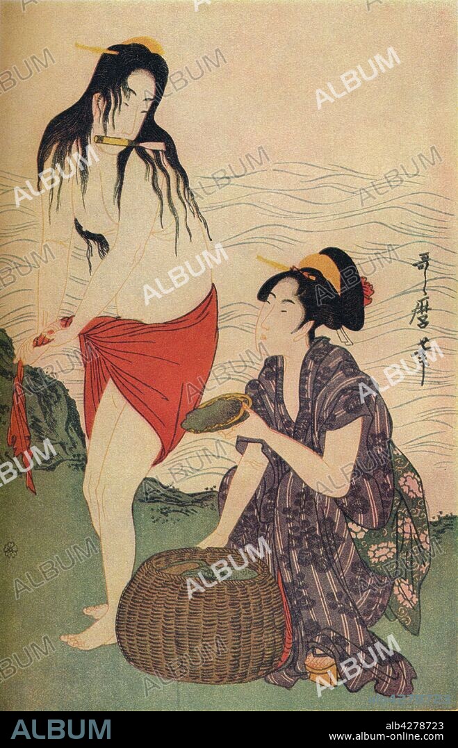 'Right hand panel of The Pearl Divers triptych by Utamaro', c1797-98, (1936). Kitagawa Utamaro (1753-1806), Japanese ukiyo-e woodblock of a woman wringing waistcloth holding knife in her mouth while another selects shellfish from a basket. Coloured pigment on hand-made washi paper. From "The Studio Volume III" [London Offices of the Studio, London, 1936.].