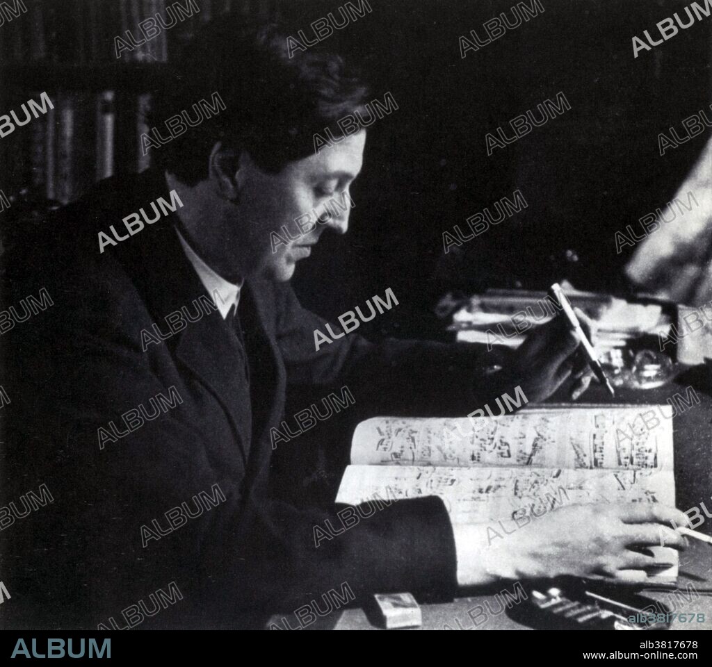 Berg working on the score of Lulu at his Viennese home, 1930. Alban Maria Johannes Berg (February 9, 1885 - December 24, 1935) was an Austrian composer. He had little formal music education before he became a student of Arnold Schoenberg (1904) and studied counterpoint, music theory, and harmony. By 1906, he was studying music full-time; by 1907, he began composition lessons. Berg was a part of Vienna's cultural elite during the heady fin de siÃ¨cle period. His circle included the musicians Alexander von Zemlinsky and Franz Schreker, the painter Gustav Klimt, the writer Karl Kraus, the architect Adolf Loos, and the poet Peter Altenberg. From 1915-18, he served in the Austro-Hungarian Army. After WWI he settled in Vienna where he taught private pupils, and helped Schoenberg run his Society for Private Musical Performances, which sought to create the ideal environment for the exploration and appreciation of unfamiliar new music. As a composer he produced compositions that combined Mahlerian Romanticism with a personal adaptation of Schoenberg's twelve-tone technique. He died on Christmas Eve 1935, from blood poisoning apparently caused by an insect-sting-induced carbuncle on his back. He was 50 years old. No photographer credited.