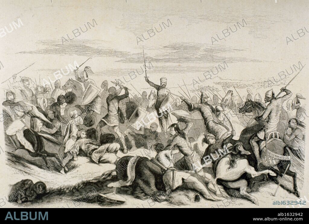 Ambush of Alhandega (August, 939). Carried out by the King of Leon Ramiro II (ca.900-951) against the Muslim army of Emir and Caliph of Cordoba Abd-ar-Rahman III (889-961) after the Battle of Simancas. Engraving, 19th century.