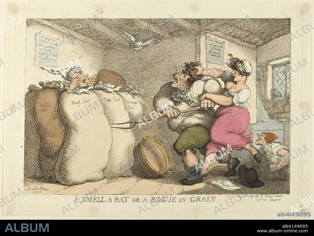 I Smell a Rat or a Rogue in Grain. Thomas Rowlandson (English, 1756-1827); published by Rudolph Ackermann (English, 1764-1834). Date: 1807. Dimensions: 212 × 322 mm (image); 245 × 350 mm (plate); 260 × 372 mm (sheet). Hand-colored etching on ivory wove paper. Origin: England.