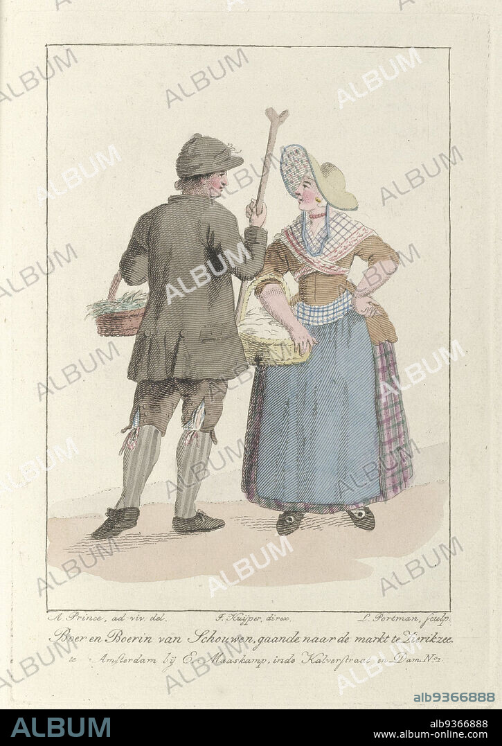 Man and woman of Schouwen, Farmer and farmer's wife of Schouwen, going to the market at Zierikzee (title on object), Man and woman in traditional costume from the island of Schouwen in Zeeland. The woman is bringing a basket of butter to the market at Zierikzee, the man a basket of eggs. Part of the reduced copies from 1807 to the plates of Dutch costumes from the years 1803-1807., print maker: Ludwig Gottlieb Portman (mentioned on object), intermediary draughtsman: Adriaan Prince (mentioned on object), print maker: Netherlands, intermediary draughtsman: Zeeland, publisher: Amsterdam, 1807, paper, etching, height 133 mm × width 93 mm.