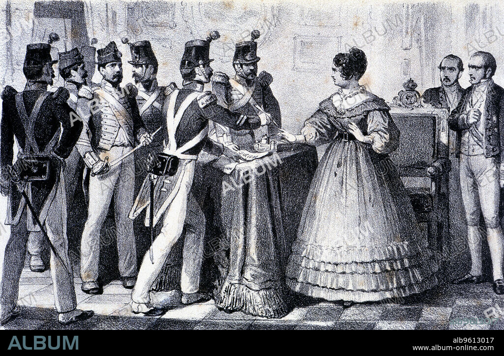 Mutiny of the sergeants that force the Regent Maria Cristina to restore the Constitution of Cadiz of 1837, Madrid, La Granja, 1837.