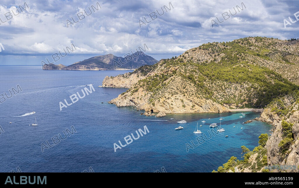 pleasure boats anchored in Cala dEgos, Andratx coast, Majorca, Balearic Islands, Spain.