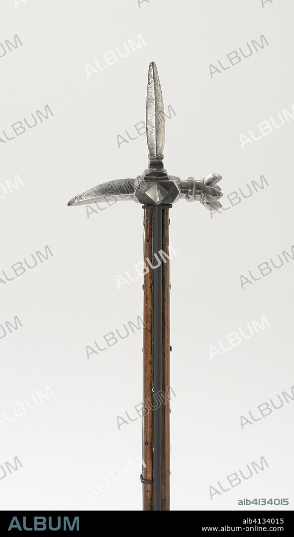 Poleax. Western European. Date: 1450-1530. Dimensions: L. 121.8 cm (48 in.)
[object needs to be weighed]. Steel, iron, oak, and leather. Origin: Western Europe.
