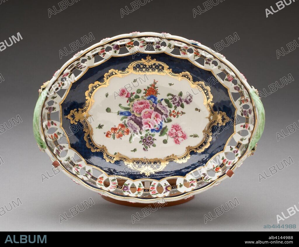 WORCESTER ROYAL PORCELAIN COMPANY. Basket. Worcester Porcelain Factory; Worcester, England, founded 1751. Date: 1765-1775. Dimensions: 18.1 x 22.8 cm (7 1/8 x 9 in.). Soft-paste porcelain, underglaze blue, polychrome enamels and gilding. Origin: Worcester.