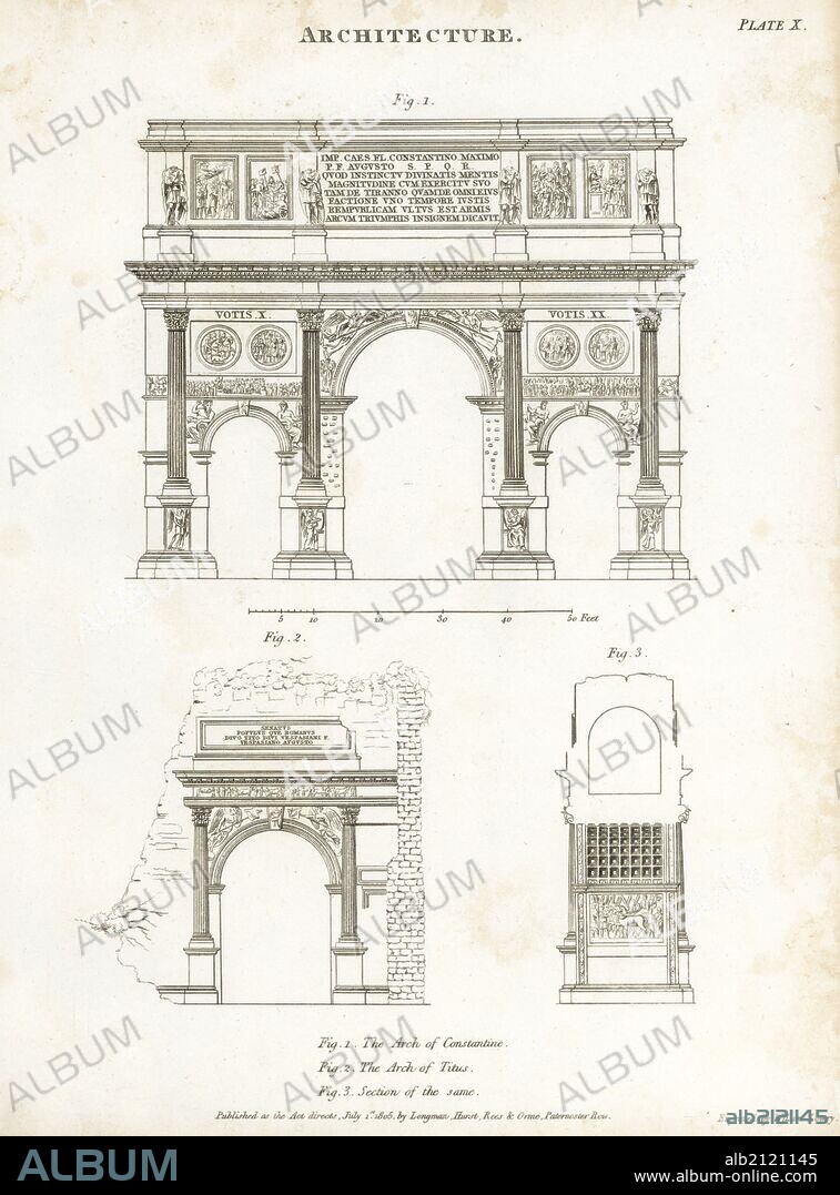 Architectural drawings of the Arch of Constantine and the Arch of Titus. Copperplate engraving by Wilson Lowry from Abraham Rees' Cyclopedia or Universal Dictionary of Arts, Sciences and Literature, Longman, Hurst, Rees, Orme and Brown, London, 1820.