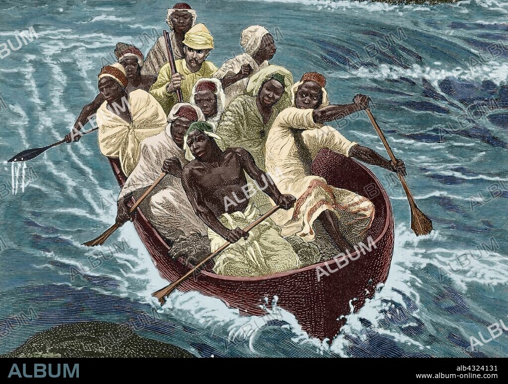 Africa. Stanley passes the Rapids of the Congo river in the canoe "Lady Alice" (at present Democratic Republic of the Congo). Engraving. Africa inexplorada, el Continente Misterioso by Henry Morton Stanley, c. 1887. Later colouration.