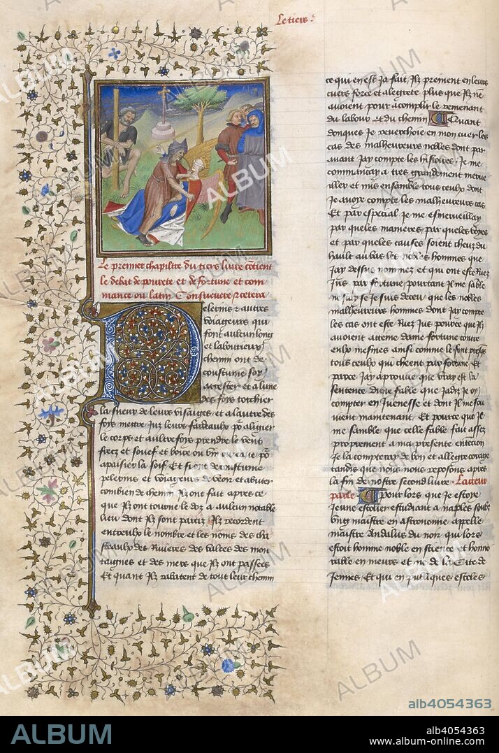 GIOVANNI BOCCACCIO. A miniature of the struggle of Fortune and Poverty at the crossroads. De casibus virorum illustrium in French translation (Des cas des ruynes des nobles hommes et femmes). France, Central (Paris?); 1st quarter of the 15th century. Source: Royal 20 C. IV, f.77v. Language: French.