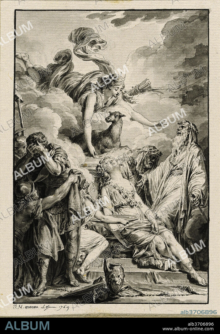 JEAN MICHEL D. J. MOREAU. The Sacrifice of Iphigenia. Dated: 1769. Dimensions: image: 13.3 x 8.9 cm (5 1/4 x 3 1/2 in.). Medium: pen and black ink with gray wash over traces of graphite with border line by the artist on laid paper.