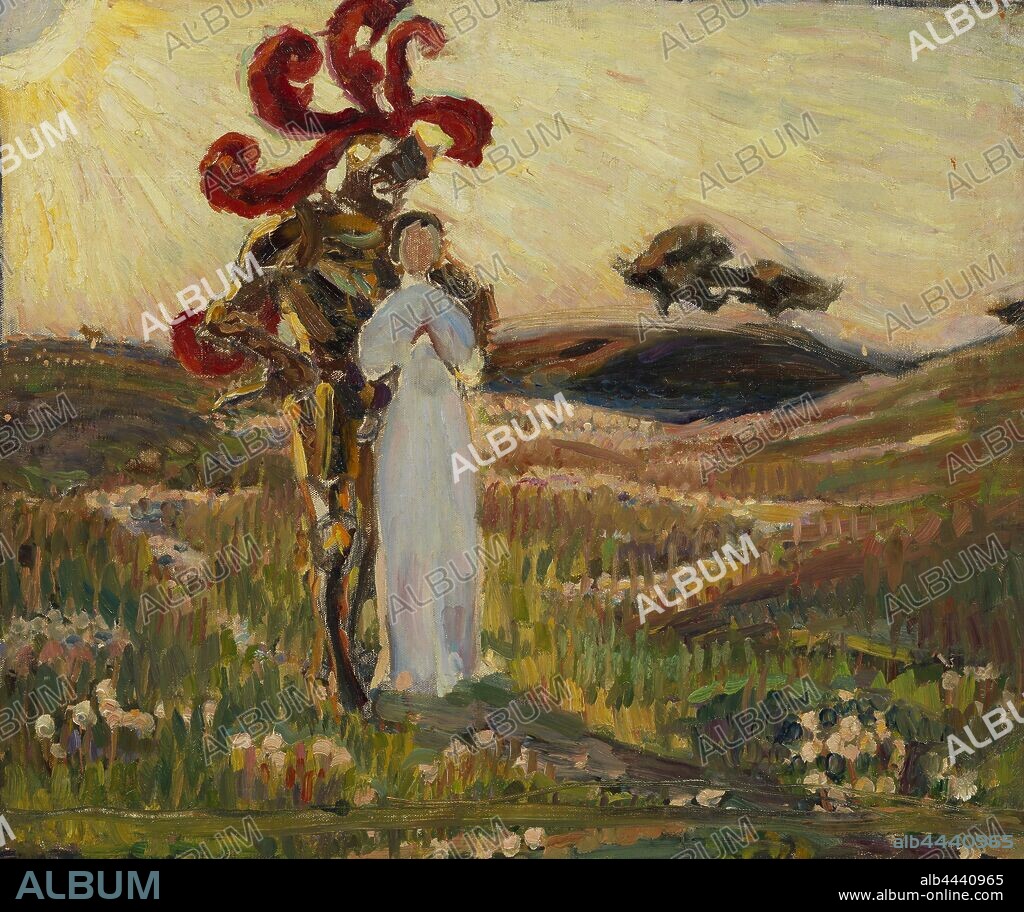Richard Bergh, Sketch for The Knight and the Maid, Sketch to the Knight and Virgo, Sketch 1894 to the 1897 painting in Thielska Gallery, painting, 1894, Oil on canvas mounted on masonite, Height, 59 cm (23.2 inches), Width, 69 cm (27.1 inches), Signed, RB, monogram, under the masonite?, on the back.