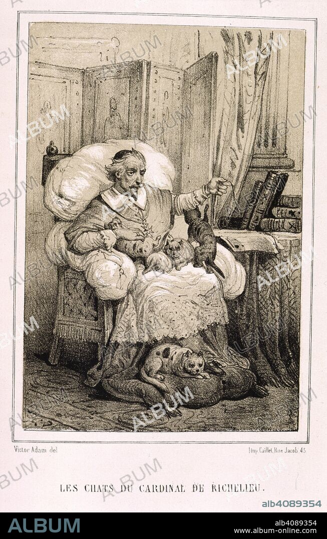 VICTOR ADAM and ORTAIRE FOURNIER. Le chats de Cardinal Richelieu. Les animaux historiques. Suivis des Lettres sur l'. Paris,1861. Cardinal Richelieu and his cats.  Image taken from Les animaux historiques. Suivis des Lettres sur l'intelligence des Animaux de C. G. Leroy ...Illustr:es de vignettes et de 20 gravures hors texte par V. Adam.  Originally published/produced in Paris,1861. . Source: 7205.d.7, opposite 230. Language: French.