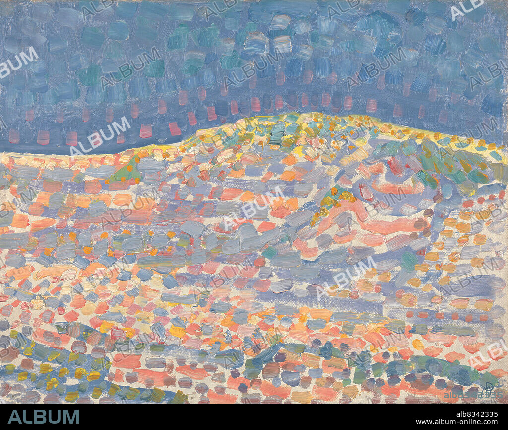 PIET MONDRIAN. Pointillist study of a dune with a ridge on the right.