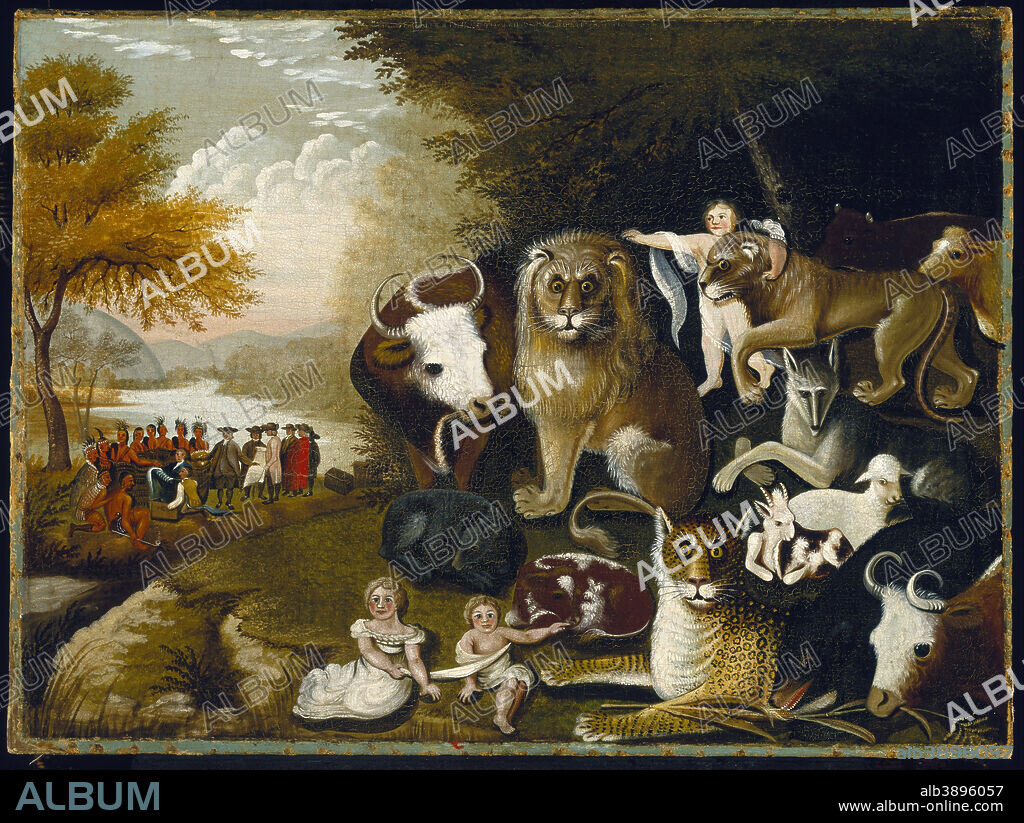 EDWARD HICKS. The Peaceable Kingdom. Date/Period: Ca. 1833-1834. Painting. Oil on canvas. Height: 44.3 cm (17.4 in); Width: 59.8 cm (23.5 in).