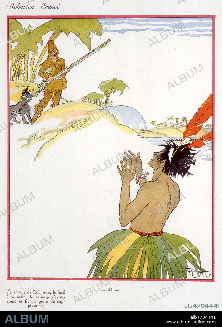 Robinson Crusoe et Vendredi. Illustration de 1930 par Felix LORIOUX (1872-1964) pour Robinson Crusoe de Daniel DEFOE (1660-1731). ADAGP. Credit : Coll. Jonas/KHARBINE-TAPABOR.