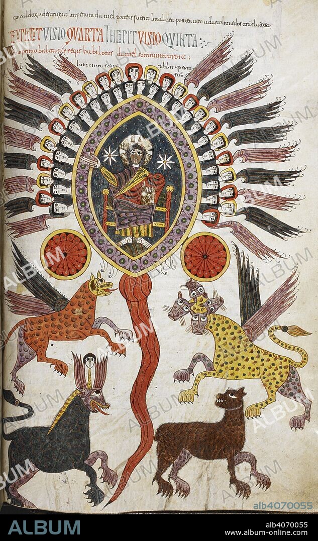 PETRUS, BEATUS OF LIÃ©BANA et DOMINICUS. Daniel chapter 7, verses 2-10. Daniel's vision of the four beasts from the sea and the Ancient of Days. Silos Apocalypse. Spain (Silos), 1109. Source: Add. 11695, f.240. Language: Latin.