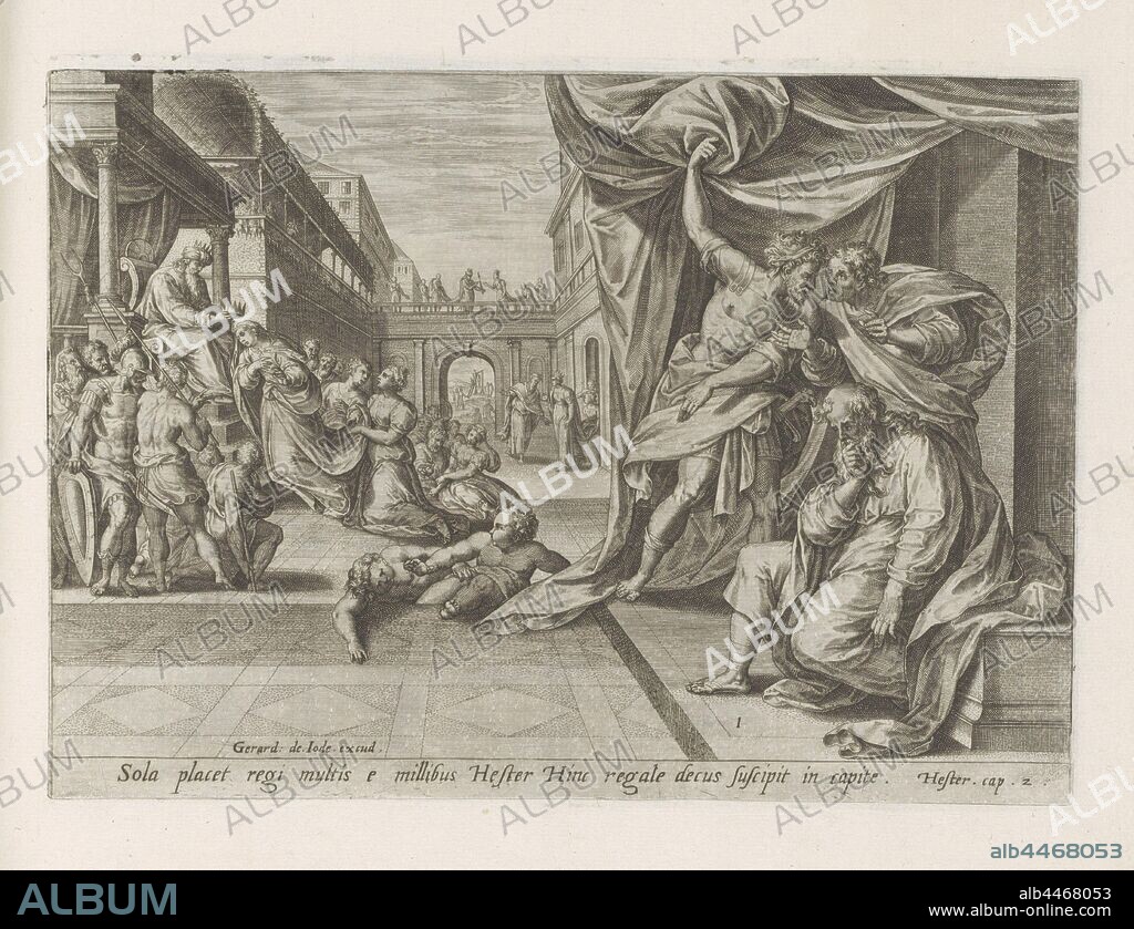 Coronation of Ester History of Ester (series title) Historia Asuerij (...) (series title) Thesaurus sacrarum historiaru [m] veteris testame [n] ti, elega [n] tissimis imaginibus expressu [m] excelle [n] tissimoru [m] in hac arte viroru [m] opera: now [n] c primu [m] in luce [m] editus (series title), Ester becomes left by king Ahasuerus to become queen crowned. In the foreground three men watch, probably the middle man is Estonian foster father Mordecai, who asks how Ester is doing. In the background you can see how Esther is led to the king. Below the performance a reference in Latin to the Bible text in Est. 2. Print is part of an album, Esther on the way to King Ahasuerus, crowning or Esther, Hans Collaert (I) (attributed to), Antwerp, 1579, paper, engraving, h 205 mm × w 290 mm.