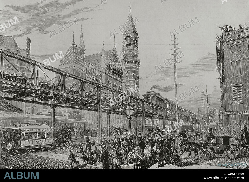 ENRIQUE ALBA (1848-1920). SPANISH ENGRAVER.. History of the United States. New York. Inauguration of the elevated railway over streets and squares, on April 29, 1878. Engraving by E. Alba. La Ilustración Española y Americana, 1878.