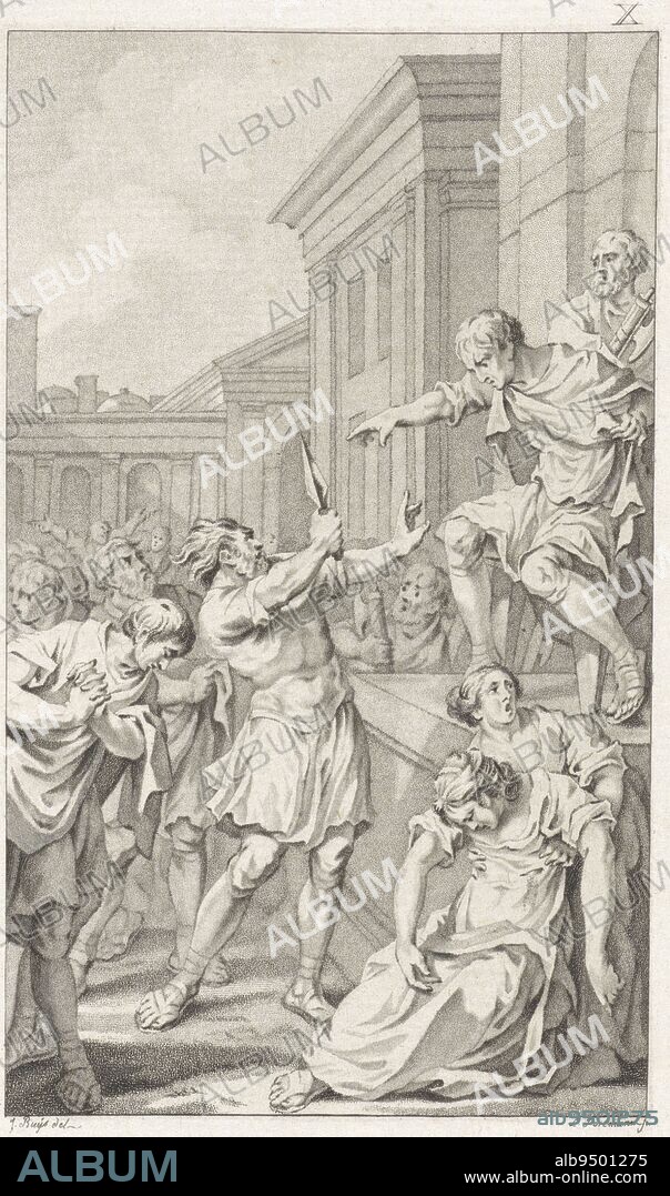 Virginius kills his daughter Virginia with a sword to spare her the lust of Appius Claudius. The latter had falsely claimed her as his slave. Virginius kills his daughter Virginia, print maker: Ludwig Gottlieb Portman, (mentioned on object), intermediary draughtsman: Jacobus Buys, (mentioned on object), Utrecht, 1793, paper, h 212 mm × w 132 mm.