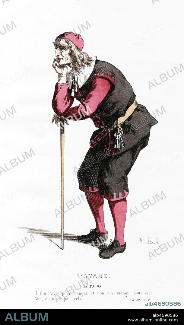 L'Avare. Harpagon : Il faut vivre pour manger et non pas manger pour vi... Non, ce n'est pas cela. (Acte III, Scene 5). Illustration de 1875 par Maurice SAND (1829-1889) pour Oeuvres completes de MOLIERE (1622-1673). Credit : Collection Jonas/Kharbine-Tapabor.