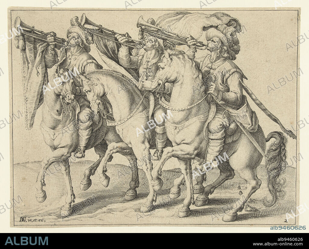Three men on horseback, side by side, riding to the left, each with a trumpet at the mouth from which a banner hangs. This print is part of a series of 22 numbered prints: a title print, 20 prints depicting one or more different types of (mostly harnessed) horsemen, and a print depicting an equestrian fight., Three Trumpeters on Horseback The Equestrian School (series title), print maker: Jacob de Gheyn (II), (workshop of), print maker: Zacharias Dolendo, (possibly), Jacob de Gheyn (II), (mentioned on object), print maker: Leiden, print maker: Netherlands, publisher: Leiden, 1599, paper, engraving, h 157 mm × w 206 mm.