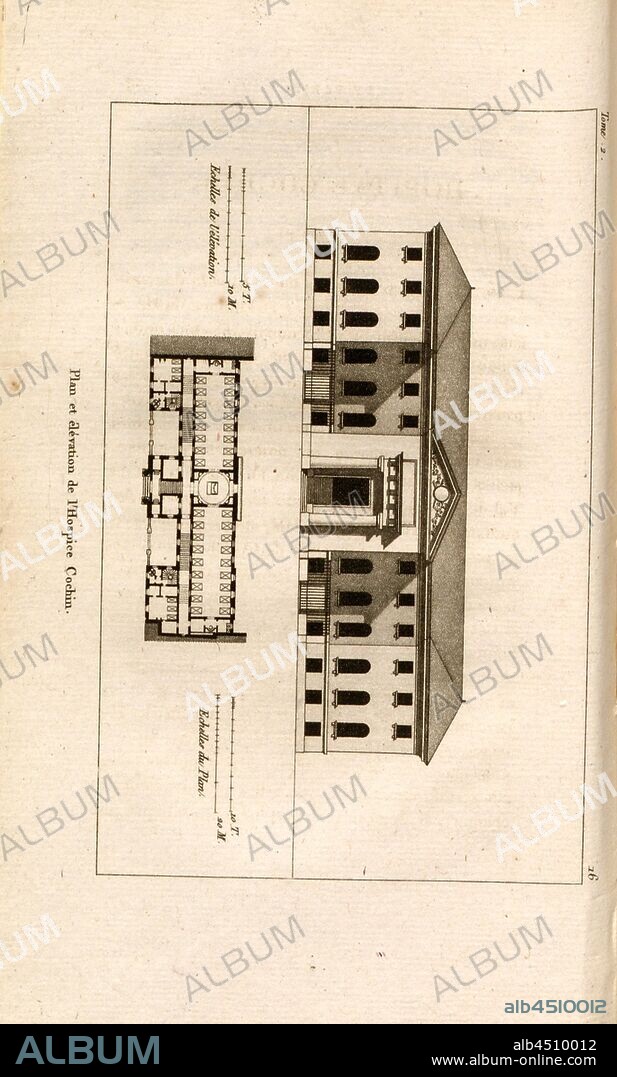 Plan and elevation of Hospice Cochin, Floor plan and facade Hôpital Cochin in Paris, date estimated 16, after p. 76, p. 111, J. G. Legrand; C. P. Landon: Description de Paris et de ses édifices: avec un précis historique et des observations sur le caractère de leur architecture, et sur les principaux objets d'art et de curiosité qu'ils renferment. Seconde édition, corrigée avec soin dans toutes ses Parties, et considérablement augmentée. Bd. 2. Paris. Strasbourg. Treuttel et Würtz, 1818.