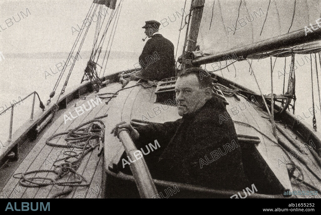Hilaire Belloc in his boat. Joseph Hilaire Pierre Rene Belloc, 1870 to 1953. Anglo-French writer and historian. From the book Back to Montparnasse by Sisley Huddleston, published 1931.