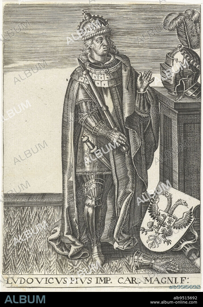 Portrait of King Louis the Pious of France, son of Charlemagne Standing, full-length, in full armor Louis holds a scepter in his right hand Beside him his coat of arms, Portrait of Louis the Pious Lvdocicvs Pivs IMP , print maker: anonymous, print maker: Hans Collaert (I), (rejected attribution), publisher: Johannes Baptista Vrints (I), (possibly), Antwerp, 1600, paper, engraving, h 138 mm × w 95 mm.